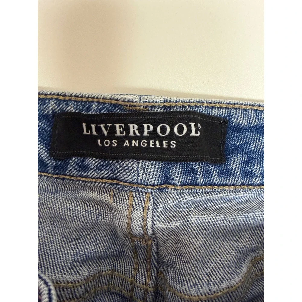 Liverpool‎ Womens 4/27 Blue Crop Flare Raw Step Hem Stretch Denim Jeans